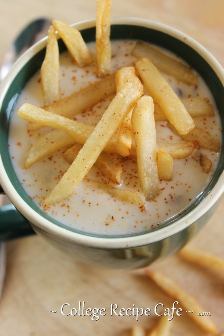Creamy Corn Chowder with Fries:  An easy meatless chowder recipe for college.